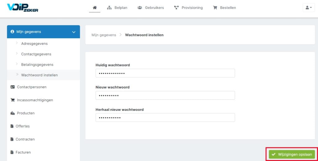 Opslaan nieuw wachtwoord
