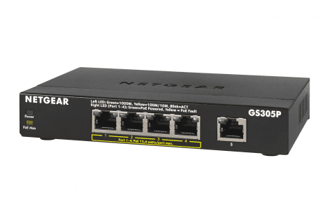 Netgear GS305P-200PES 5 Poort Gigabit Switch (PoE) Netgear GS305P-200PES 5 Poort Gigabit Switch (PoE)